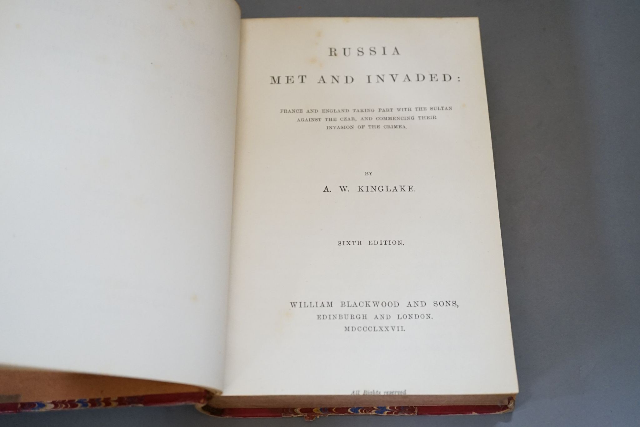 Kinglake, A.W. - The Invasion of the Crimea ... Cabinet Edition, 6 vols, numerous maps and plans (some coloured and folded), half titles; contemp. red half calf and marbled boards, gilt-panelled spines,cr.8vo. 1877